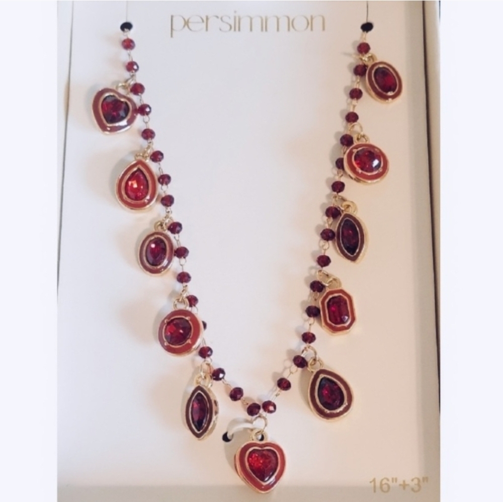♥️▪️ Persimmon▪️beautiful  Golden tone Red Jewels 16in Necklace